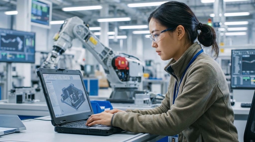 technicien, usine, industriel, ordinateur portable, femme, robotique, ingénierie, professionnel, atelier, fabrication, technologie, automatisation, concentré, équipement, machines, maintenance, expertise, lieu de travail, usine intelligente, innovation, généré par l'IA